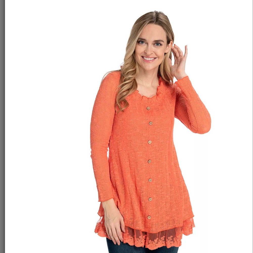 Women’s‎ OSO Casuals Salmon Knit & Crochet Mesh
Long Sleeve Button Front Tunic
